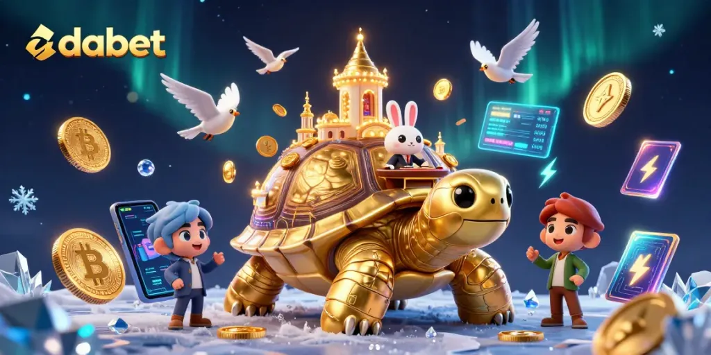 Dabet highlights a vibrant casino with a giant tortoise, radiant coins, and a rabbit dealer.