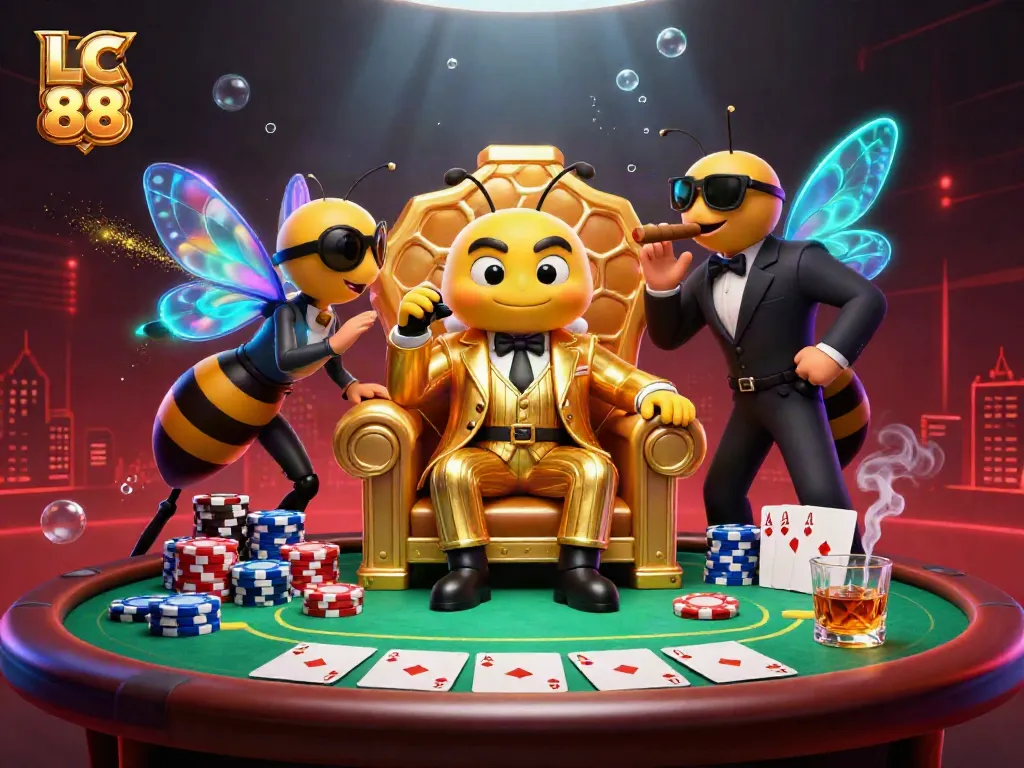 Experience the vibrant gaming world of LC 88 with cartoon characters amidst poker elements.