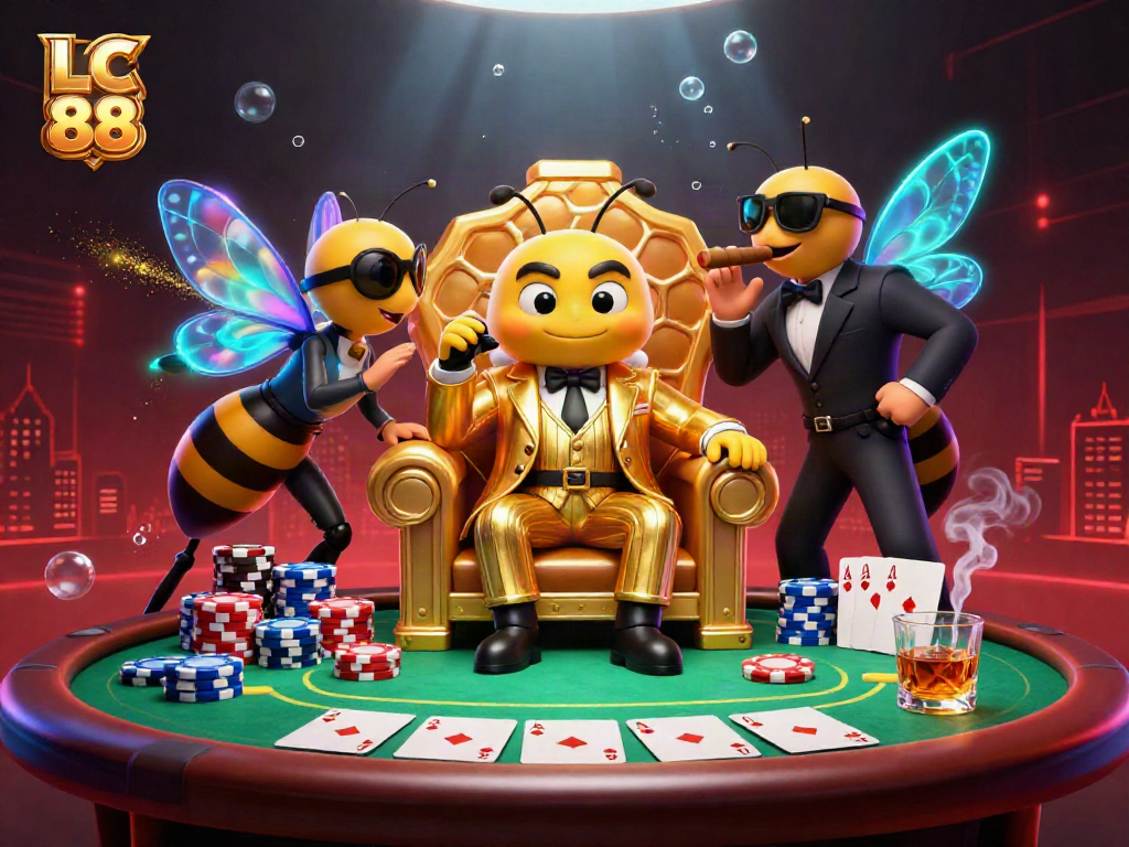 Experience the vibrant gaming world of LC 88 with cartoon characters amidst poker elements.
