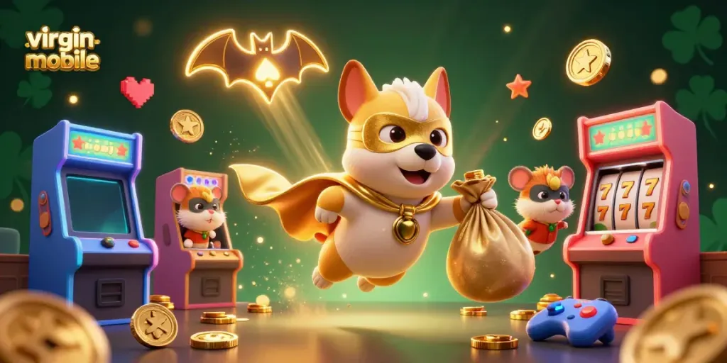 Experience the thrill of winning with virgin-mobile's superhero dog and hamster in a dynamic casino scene.