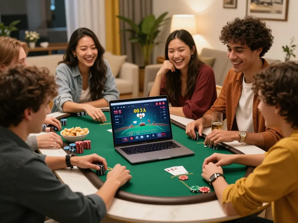 Players enjoying an online poker game on OKFUN in a social home environment