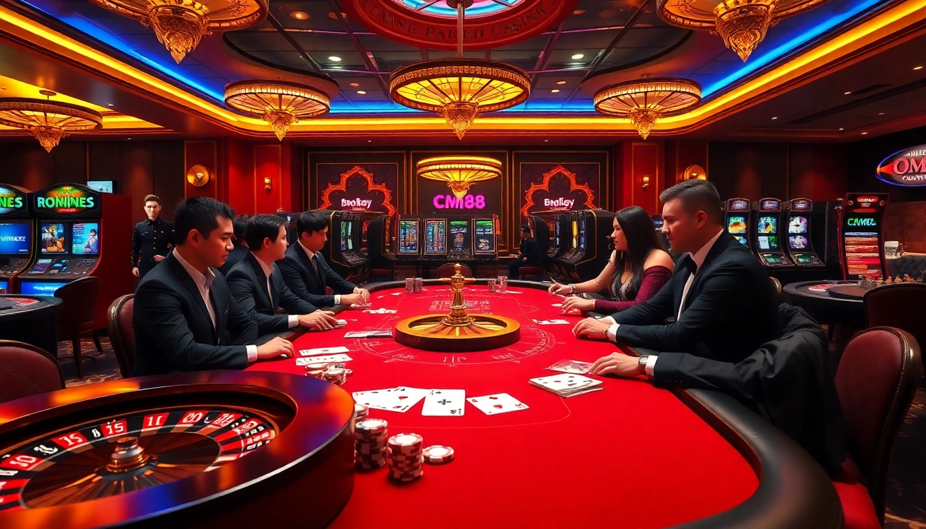 Experience thrilling poker games at cm88 com, featuring luxurious casino tables and vibrant atmosphere.