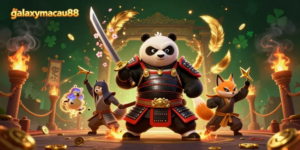 Engaging scene of galaxymacau88 featuring a samurai panda and ninja fox amidst dynamic casino elements.