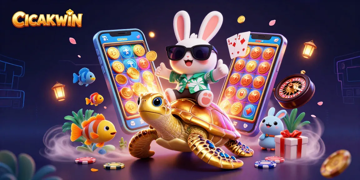 CICAKWIN players winning big with 3D lucky rabbit and golden turtle in a vibrant casino scene