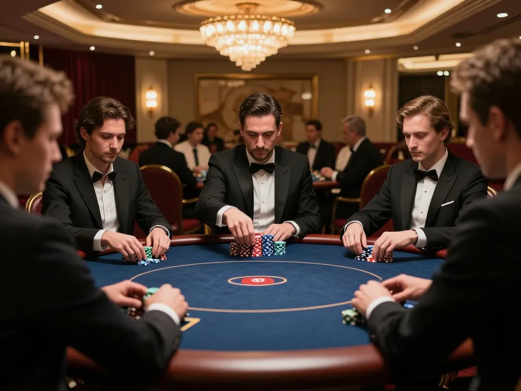 Players engaging in a high-stakes poker game at qq8827 in a luxurious casino, showcasing tension and excitement.