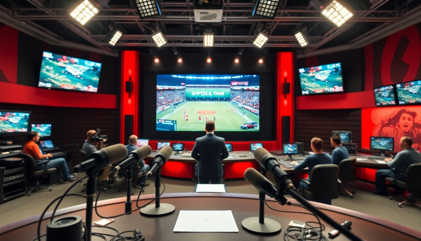 Sports Broadcasting setup with a host and vibrant visuals in a professional studio