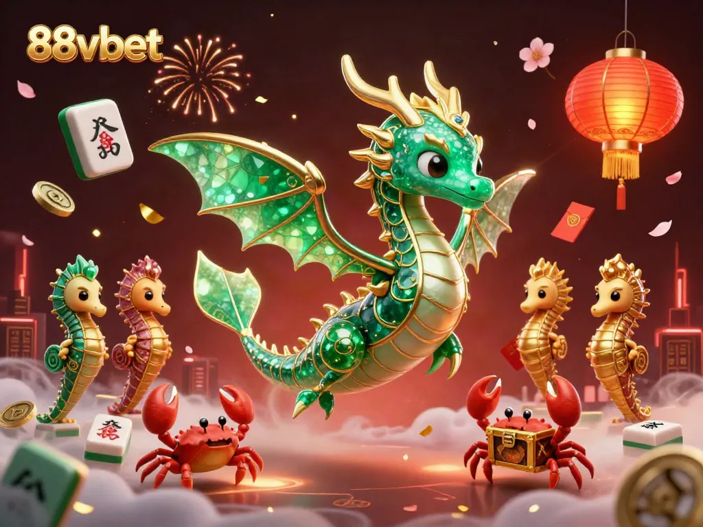 Experience thrilling action with the 88vbet dragon and treasure chest in this vibrant casino illustration.