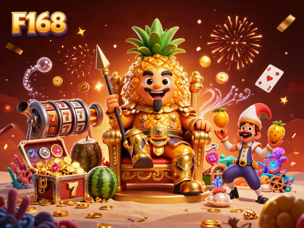 F168 vibrant animated casino scene featuring a golden pineapple king, slot machines, and a jester celebrating wins amidst confetti.