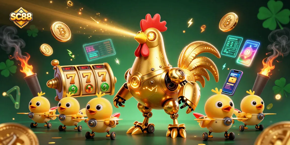 Engage in thrilling gaming at SC88 with vibrant jackpot reels and golden rooster robots amid crypto elements.