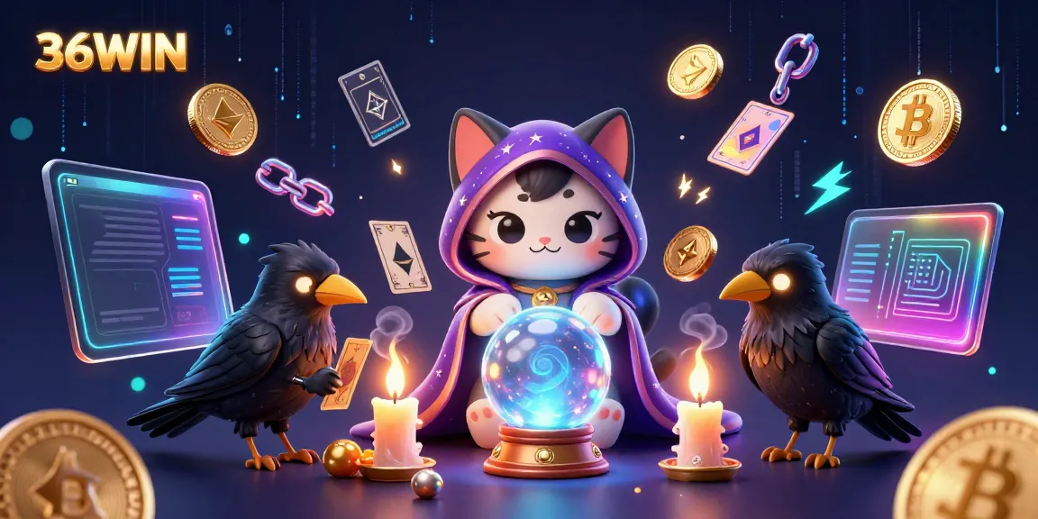 Engage with 36WIN in a vibrant 3D casino scene featuring a mystic cat, tarot raven, and crypto elements.