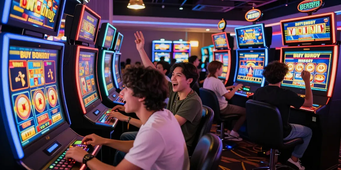 Engaged players exploring cocomaya bonus buy slots in a colorful casino, showcasing excitement and vibrant gaming atmosphere.