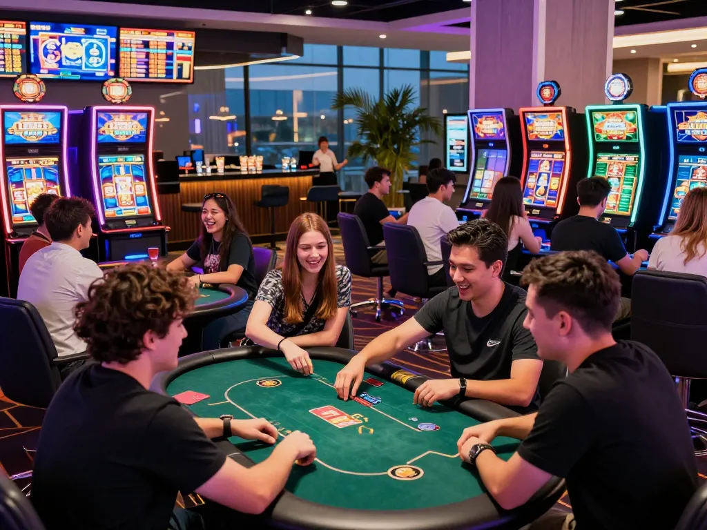 Exciting gaming atmosphere at 789club with players enjoying poker and slots in a vibrant casino setting