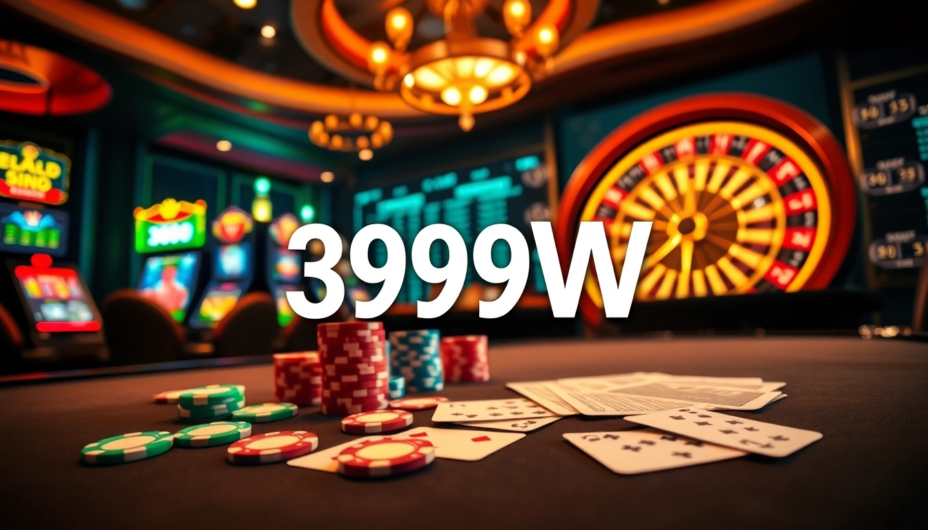 Experience the thrill of online gambling with 399W at a vibrant casino table filled with poker chips and cards.
