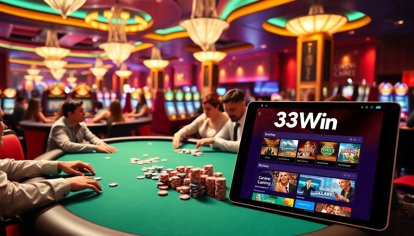 33Win players enjoying high-stakes poker in a vibrant, luxurious casino environment.