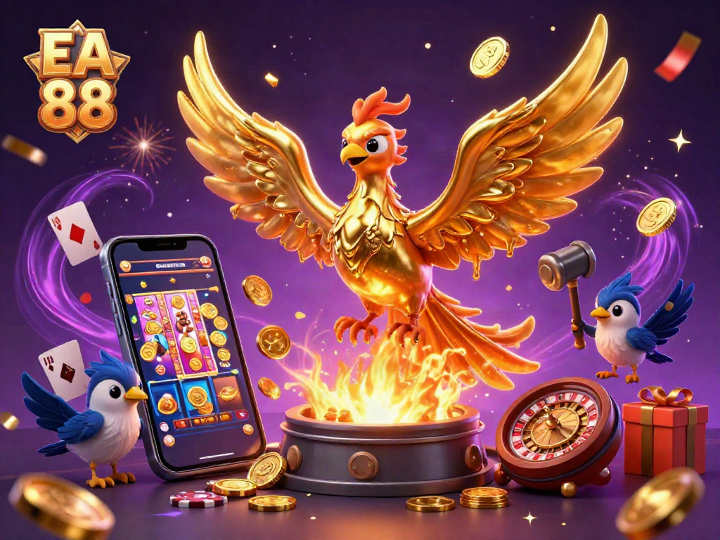 Experience the thrill of EA 88 with a golden phoenix emerging from a forge amidst vibrant casino elements.