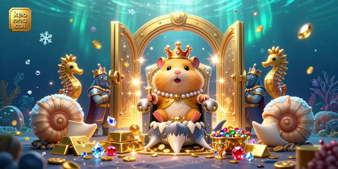 Experience the excitement of keo nha cai with a golden hamster king on a megalodon throne amid treasures.