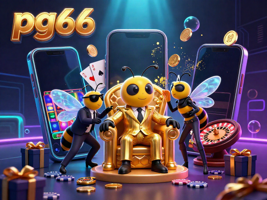 Engage with PG66's vibrant online casino scene, featuring characters surrounded by dynamic gaming elements and golden coins.
