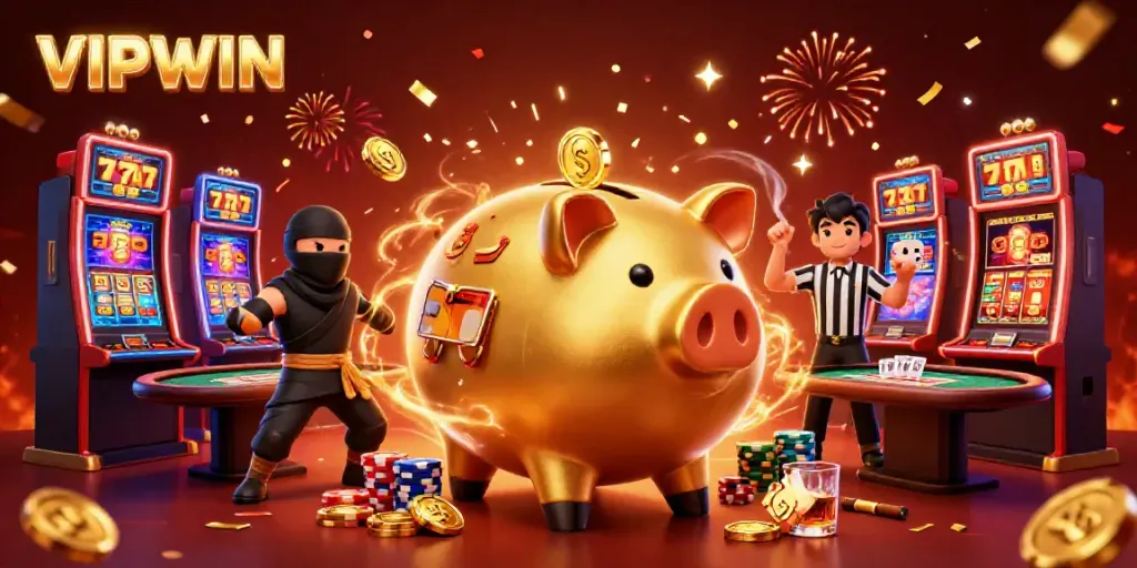 Experience thrilling gaming action with VIPWIN's vibrant casino scene, featuring exciting characters and slot machines.