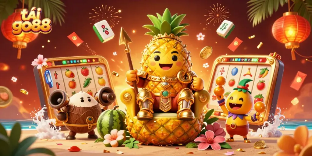 Experience the thrill of tải go88 with a vibrant illustrative scene featuring a pineapple king and his royal entourage.