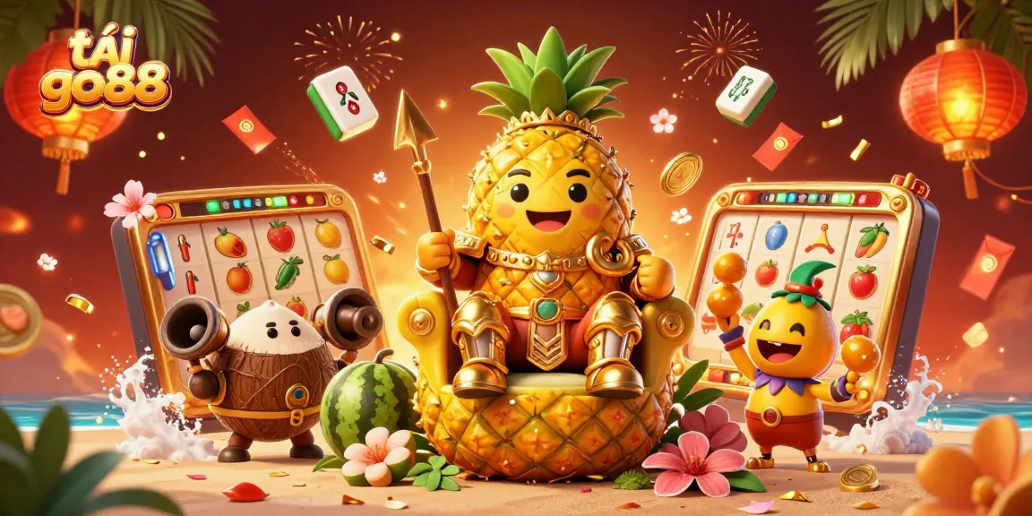 Experience the thrill of tải go88 with a vibrant illustrative scene featuring a pineapple king and his royal entourage.