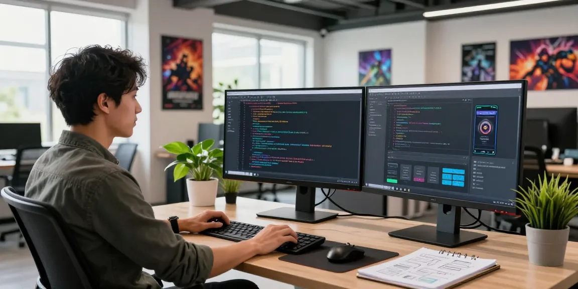 Winbox log management interface on a developer's monitor in a modern tech workspace featuring multiple screens and plants
