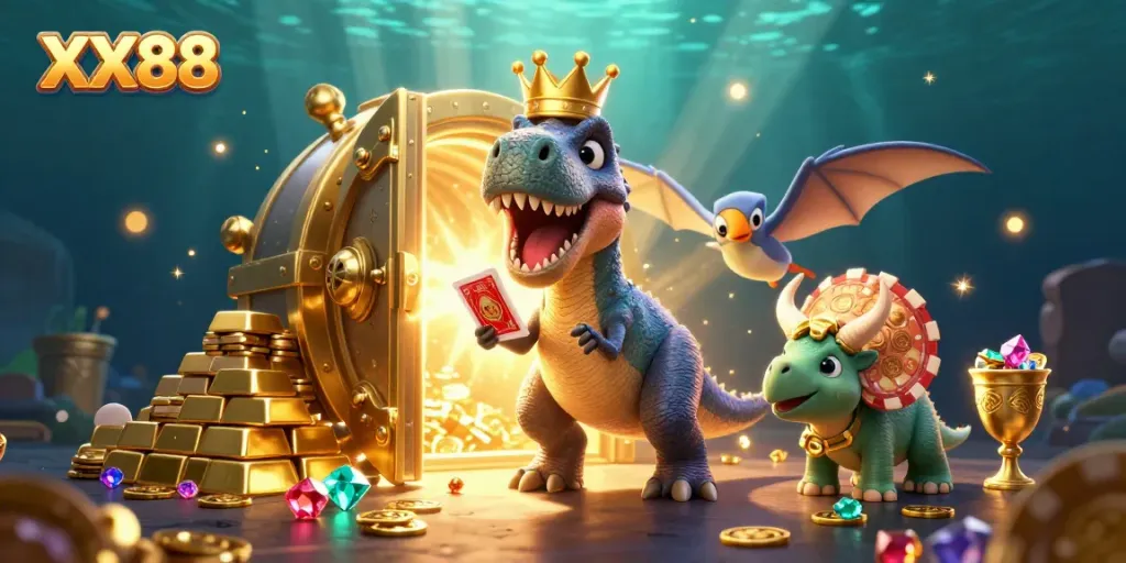 Engage with XX88's thrilling casino treasures in this vibrant 3D illustration filled with T-Rex and gems.