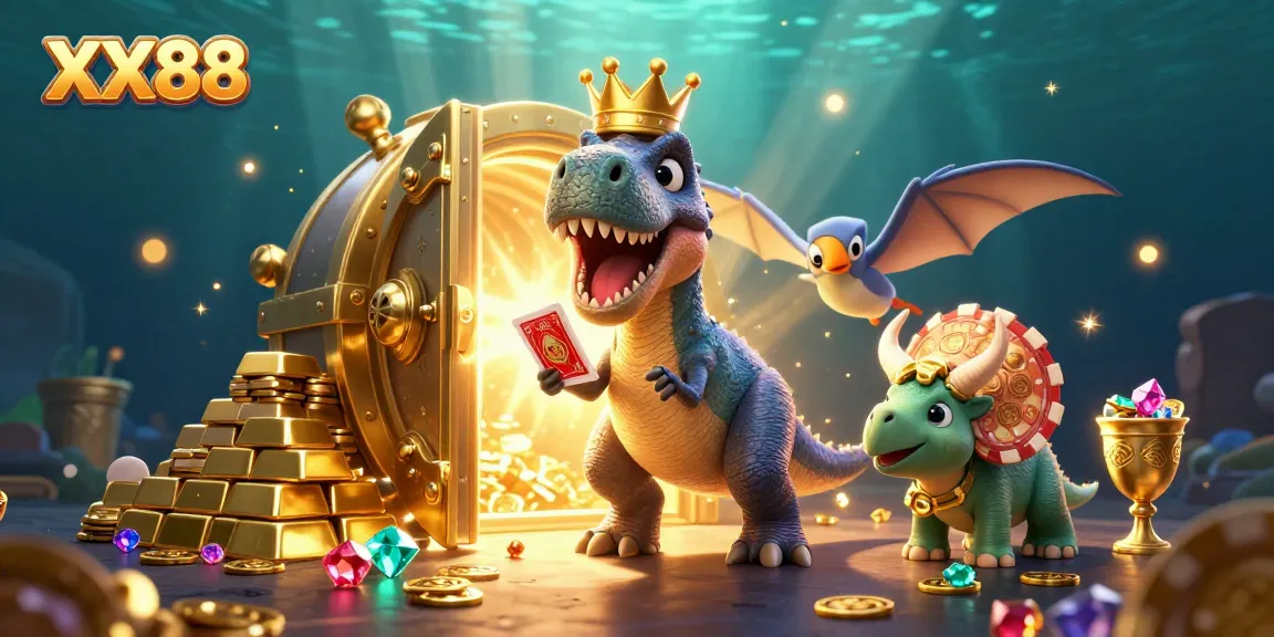 Engage with XX88's thrilling casino treasures in this vibrant 3D illustration filled with T-Rex and gems.