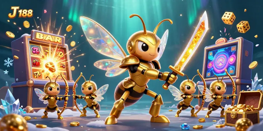 Immerse in the vibrant world of J 188 with a dynamic illustration of a golden hornet samurai amidst casino action.