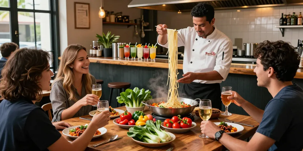 Red88's vibrant dining atmosphere with chefs preparing fresh dishes, highlighting Asian fusion cuisine.