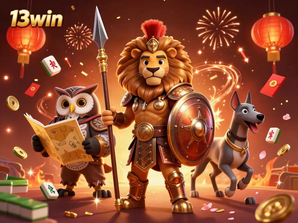 Bettors experience excitement with 13win's festive atmosphere depicted by vibrant fireworks, golden symbols, and colorful characters.