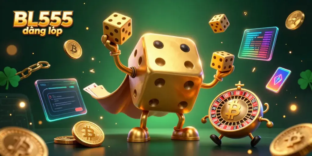Engage with BL555 đăng nhập to explore a vibrant online casino world with golden dice and crypto elements.