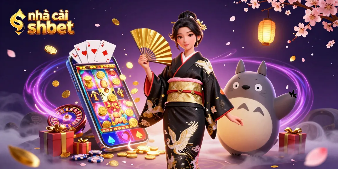 Engage with nhà cái shbet's thrilling casino games amid vibrant 3D scene of a kimono-clad woman and adorable tanuki.