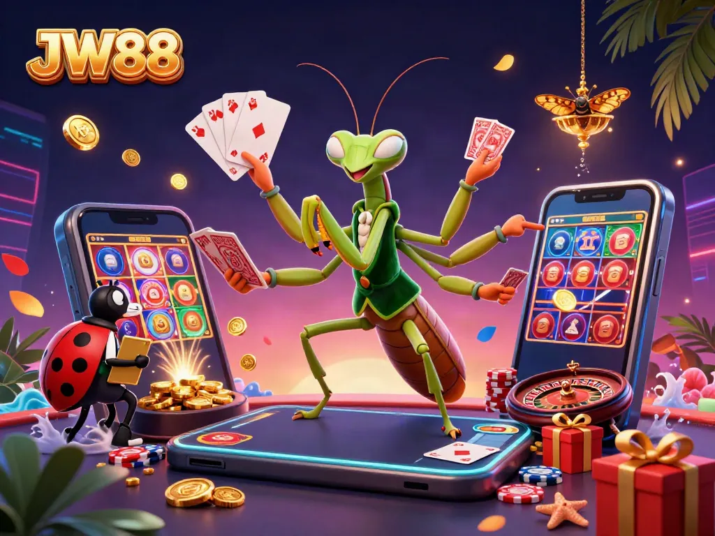 JW88 giant praying mantis dealing cards and a ladybug pit boss in a vibrant casino scene.