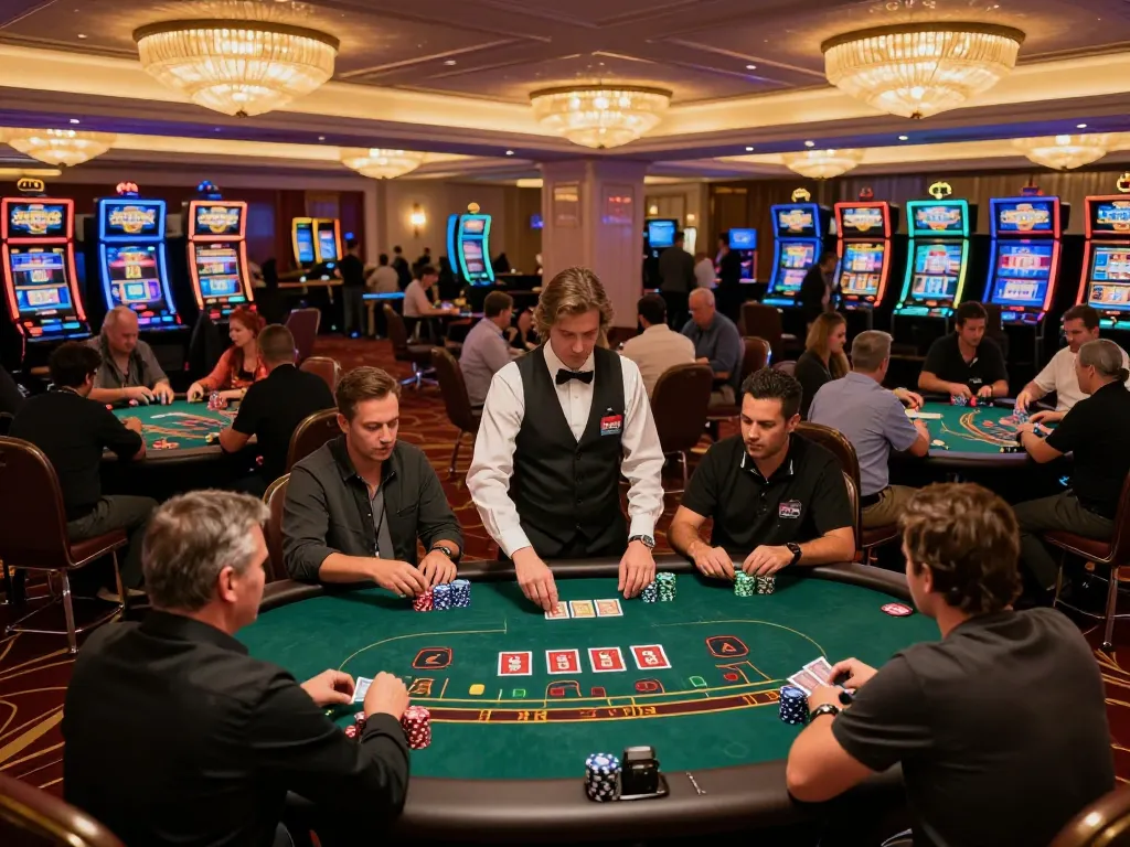 F168 players enjoying intense blackjack game on a luxurious casino floor, vibrant atmosphere