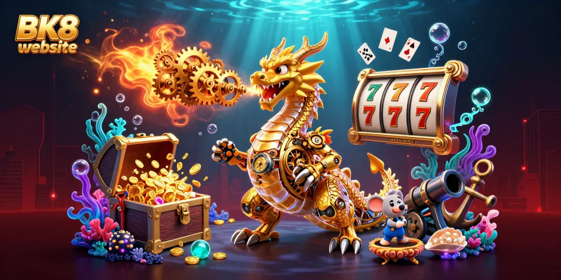 Experience the thrilling BK8 website with a colorful 3D scene featuring slot games and dynamic characters.