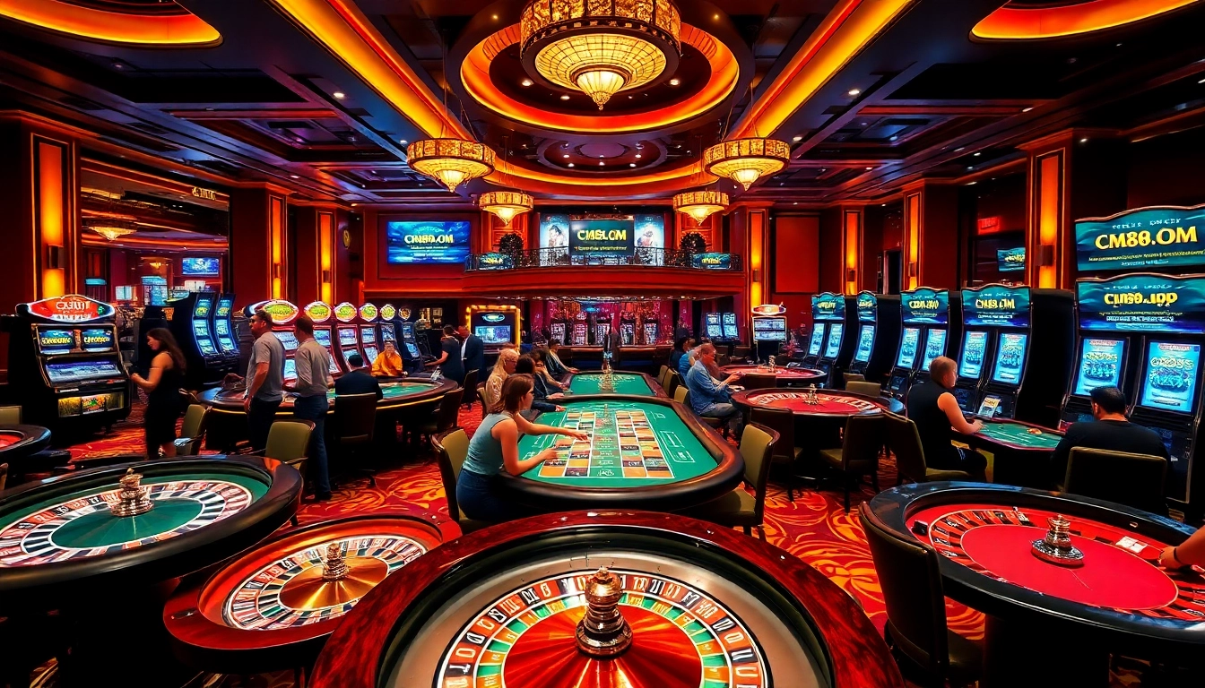 Experience exciting gaming at cm88.com with a vibrant casino atmosphere filled with roulette wheels and poker tables.