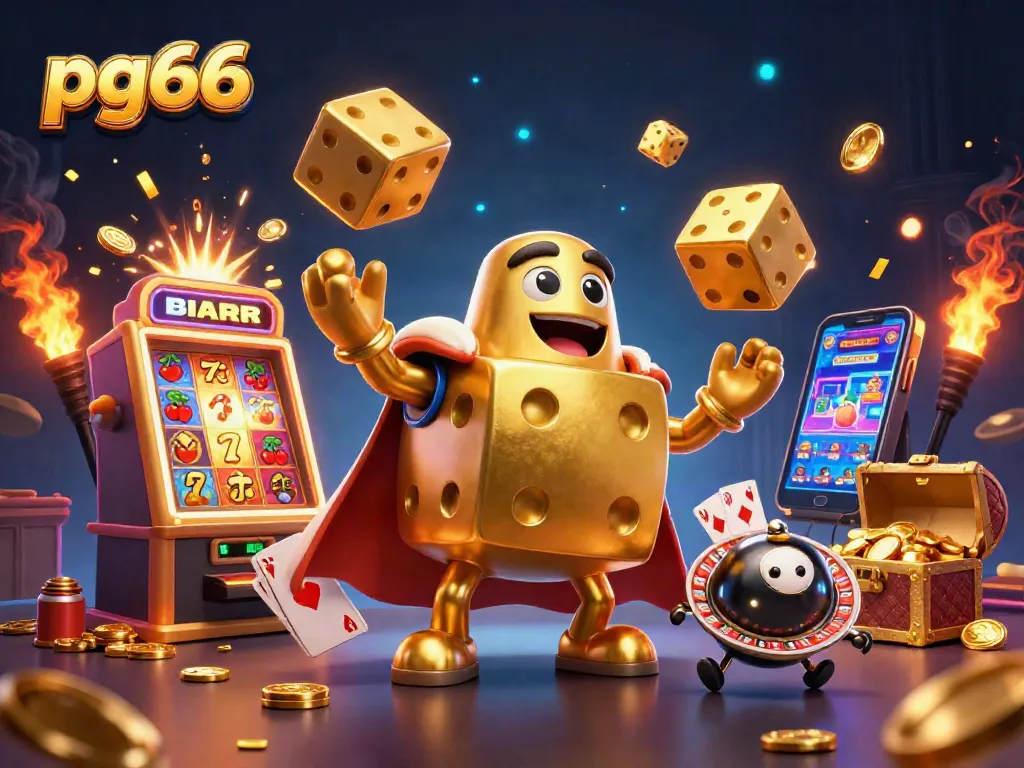 Engage with pg66's thrilling casino experience featuring a dynamic 3D illustration of a golden dice golem and vibrant game elements.