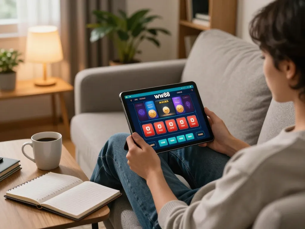 Engaging in online gaming with ww88 on a tablet in a cozy living room.