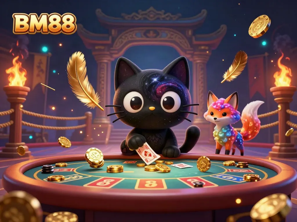Engage in vivid gameplay with BM88 where a black hole cat and nebula fox attract golden chips and cards.