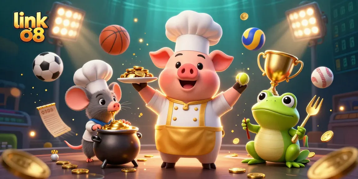 Engage with link vào o8 as a vibrant scene showcases a chef pig serving gold coins amidst sports betting excitement