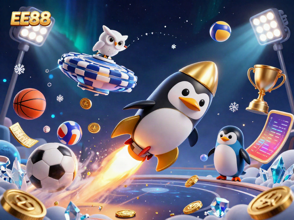 EE88 penguin leads the charge in a vibrant casino universe filled with sports elements and golden coins.