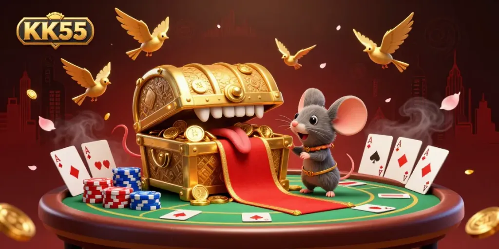 Engage in thrilling moments with KK55, as golden treasure chests lure adventurer mice in a vibrant poker scene.