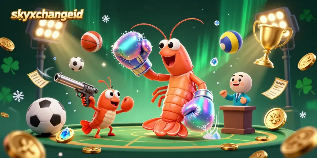 Experience thrilling sports betting with skyxchangeid featuring energetic shrimp characters and a dynamic casino scene.