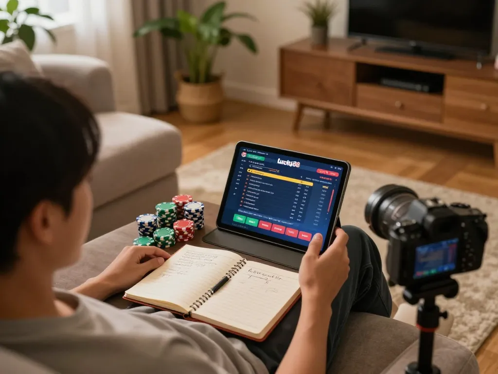 This cozy home gaming scene showcases online casino gaming on https://lucky88s.in.net/ with vibrant tablet display and strategy notes.
