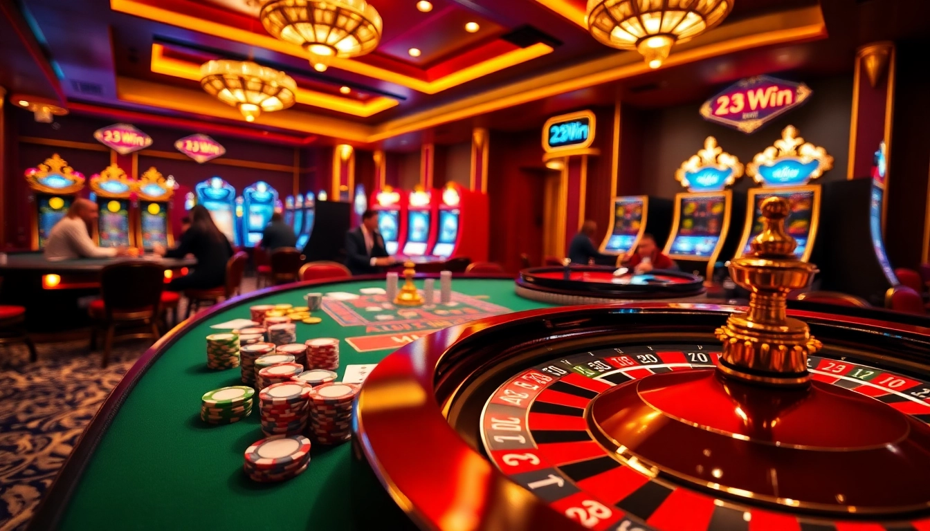 Engaged players at 23Win experiencing vibrant casino gameplay with poker chips and roulette.