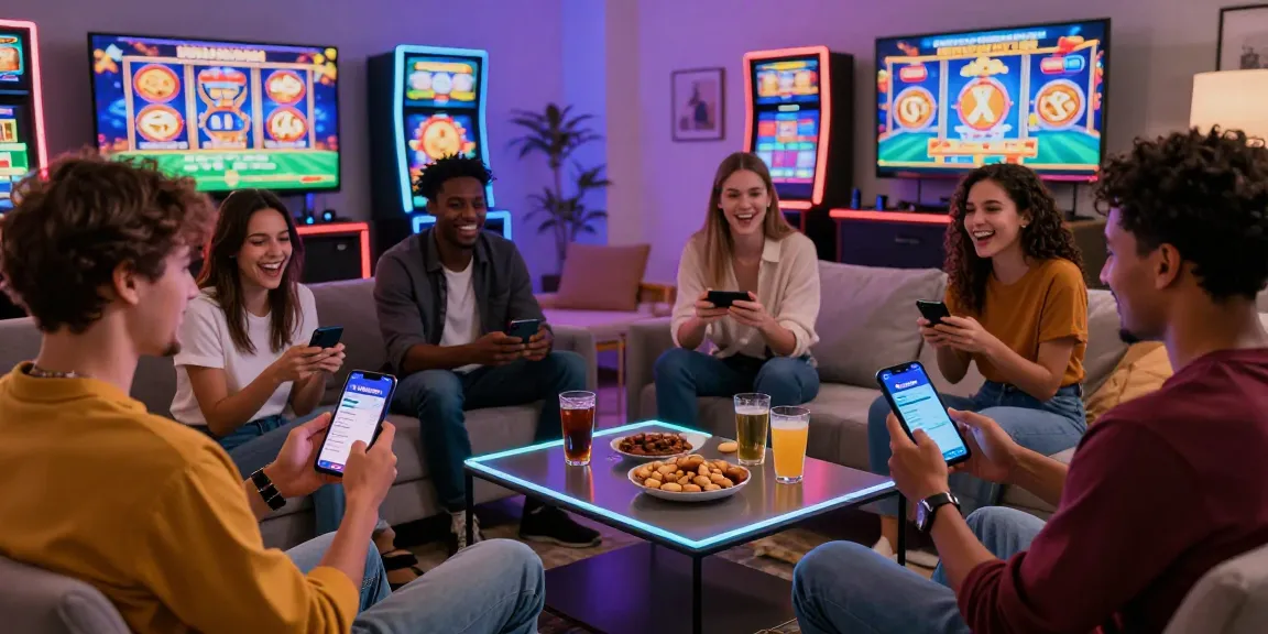 Friends playing together on Winbox app in a lively home casino setup.