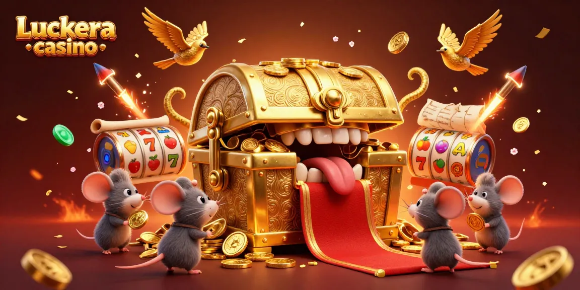 Experience the excitement of Luckera casino with a vibrant 3D treasure chest scene filled with gaming elements.