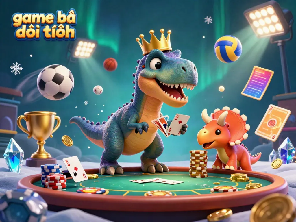 Playing card action in a vibrant game bài đổi thưởng scene featuring a friendly T-Rex and helpers.
