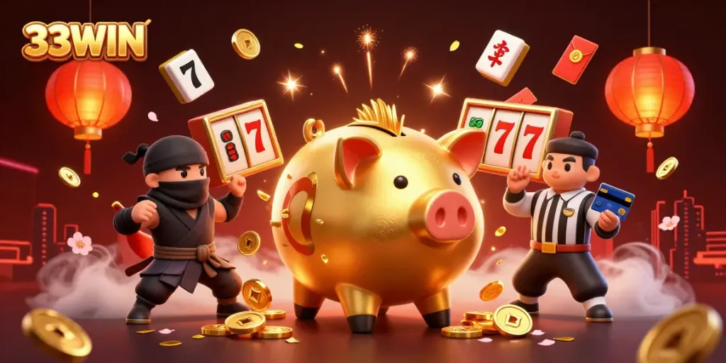 Engage with 33WIN as a golden piggy bank sumo wrestler shakes coins in a lively casino scene.