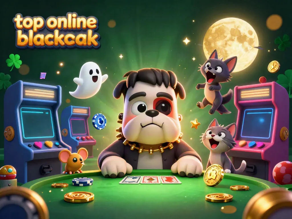 Play top online blackjack with a cartoon Frankenstein bulldog dealer and spooky casino elements.